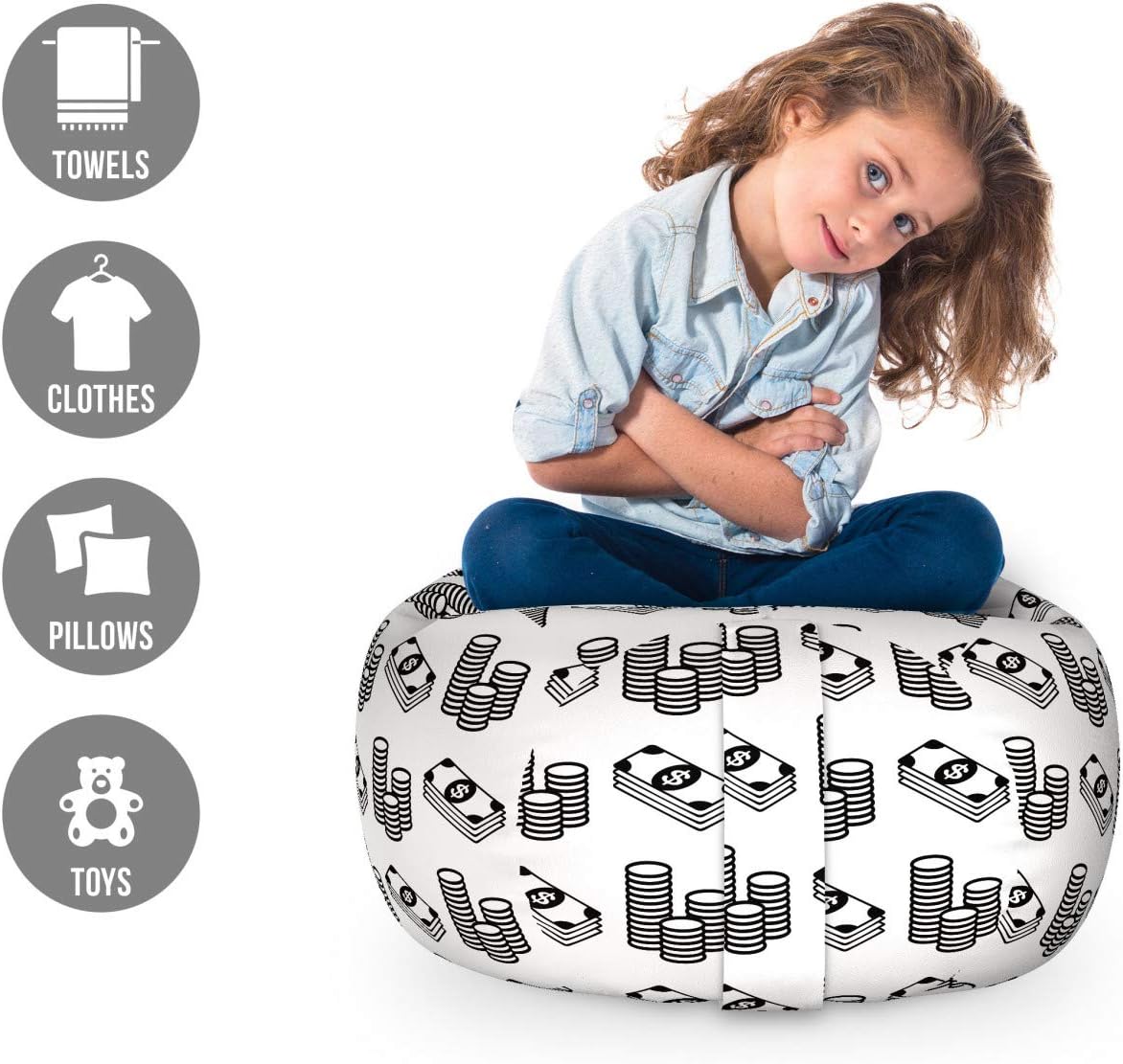 Ambesonne Money Storage Toy Bag Chair, Monochrome Stacked Coins and Dollar Bills Simple Doodle Style Economy Themed Pattern, Stuffed Animal Organizer Washable Bag, Small Size, Black White