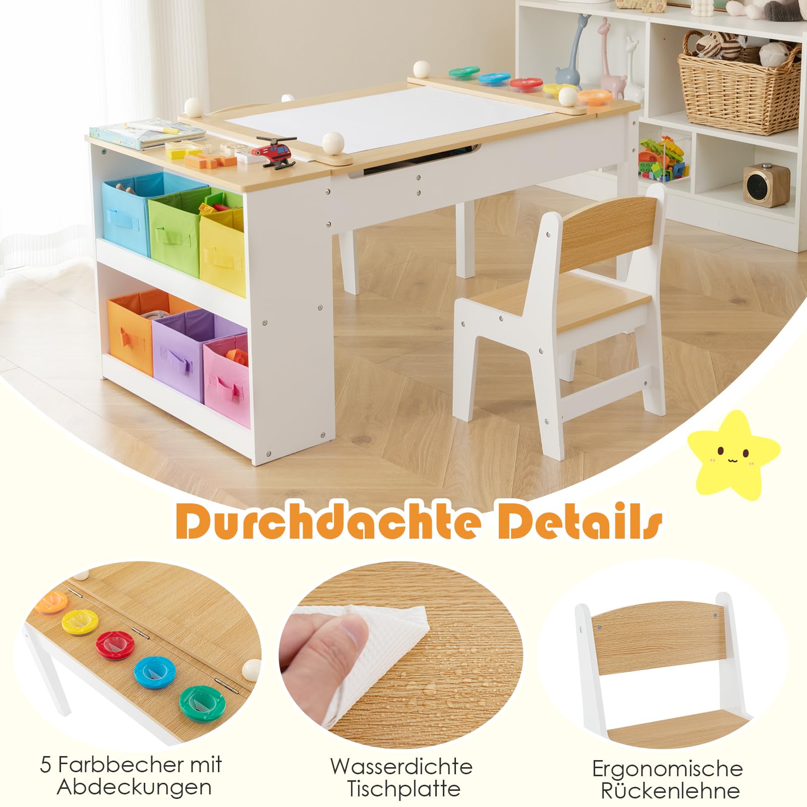 GOPLUS Kinderkunsttisch mit 2 Stuhl & seitliche offene Regal, Kindermöbel Set mit Stauraum & Maltisch, Kindersitzgruppe für Zeichnen & Schreiben, für Kinderzimmer Spielzimmer Kindergarten (Natur)