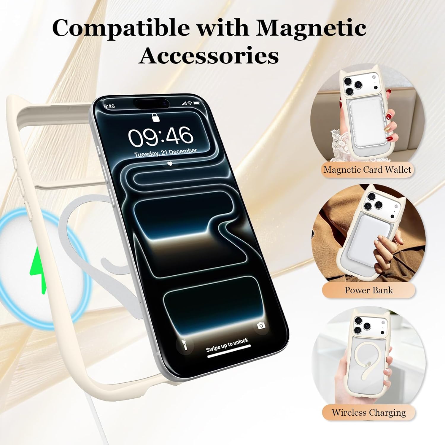 Cute Cat Case for iPhone 17 Pro, Compatible with MagSafe, 3D Cat Ear Design with Tail, Soft Bumper and Hard PC Back, Anti-Scratch Shockproof Animal Phone Cover for Women Girls, White
