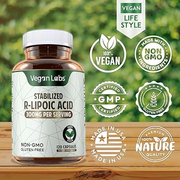 Vegan Labs Stabilized R-Lipoic Acid 300MG, 120 Vegan Capsules- Supports Cellular Energy and Antioxidant Protection- Gluten Free, Non-GMO, Stabilized Na R-ALA Supplement- 4 Month Supply