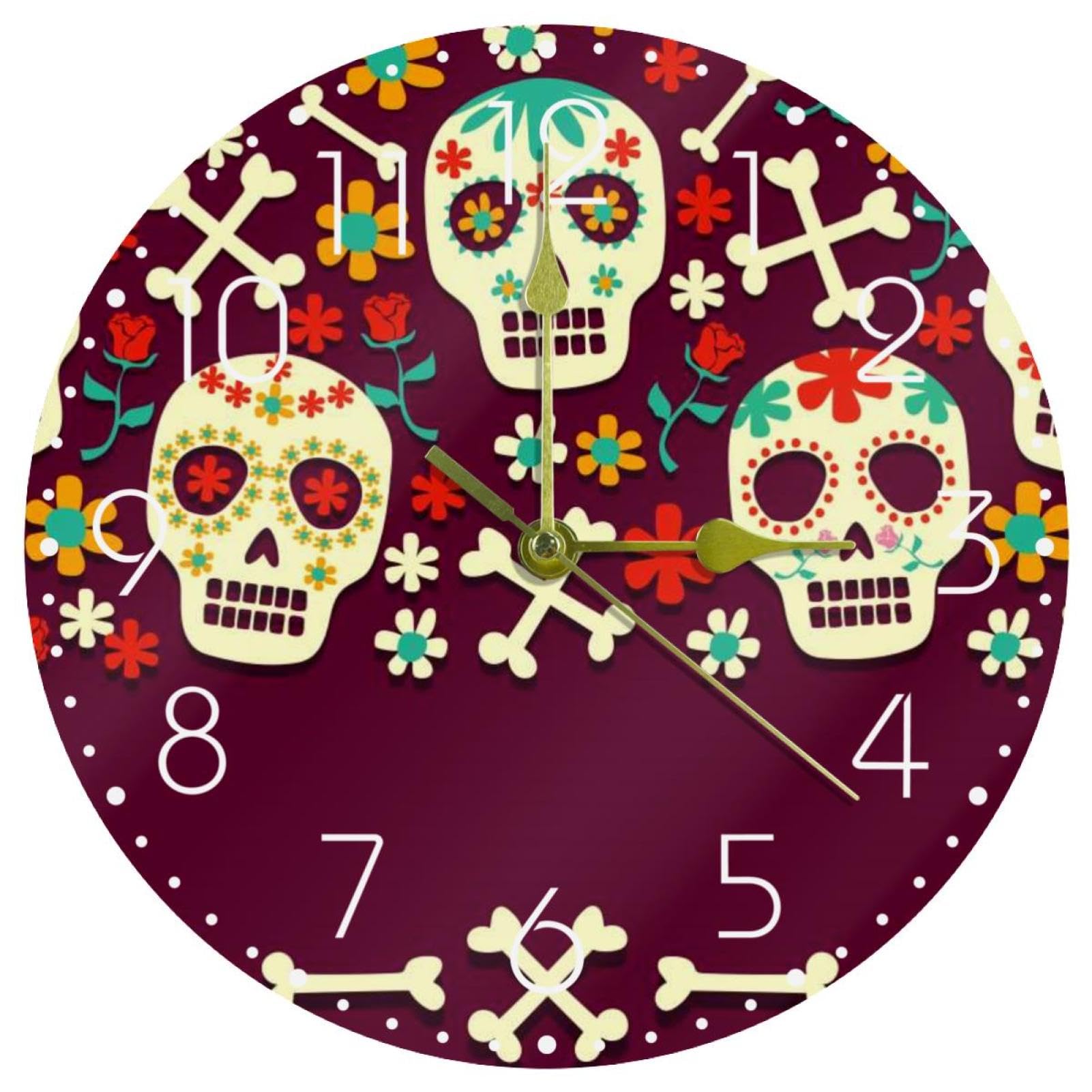 Horloge murale sans tic-tac à quartz illustration crâne mexicain