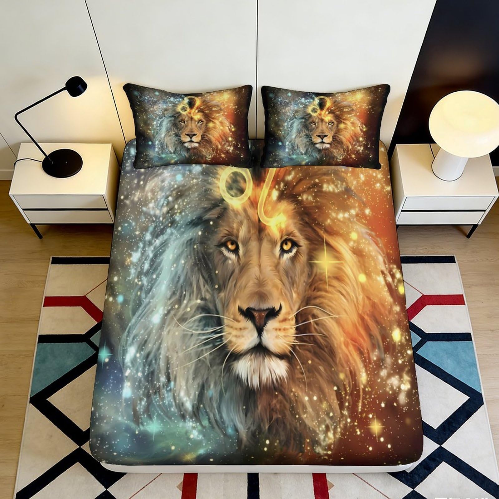 3D Printed Majestic Lion Fitted Sheet Microfiber Soft Breathable Cosmic Zodiac Bed Cover for Bedroom Dorm Decor Mattress Protection 90x200x25cm
