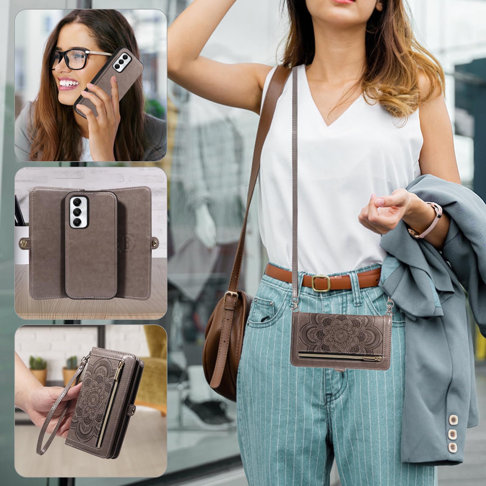 Asuwish Custodia per Samsung Galaxy A05s/A05, con pellicola protettiva, scomparto per carte di credito, pieghevole, in pelle, motivo floreale, con supporto, chiusura lampo, grigio