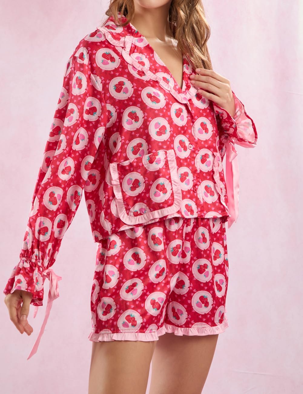 Women's Strawberry Pajamas Fruit Print Satin Pj Set Long Sleeve Shirt and Shorts Sleepwear Outfits