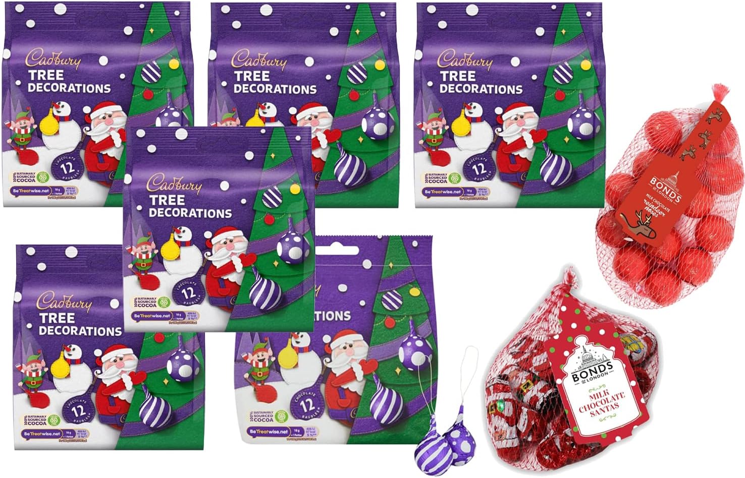 Cadbury Milk Chocolate Tree Decorations Bags 06 x 72g + Bonds Milk
