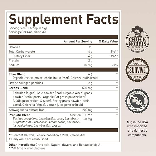 Vista 5 de ROUNDHOUSE PROVISION Morning Kick, Zero Sugar Greens Superfood Powder Supplement with Ashwagandha, Collagen, Probiotics, Debloat Drink, 30 Servings