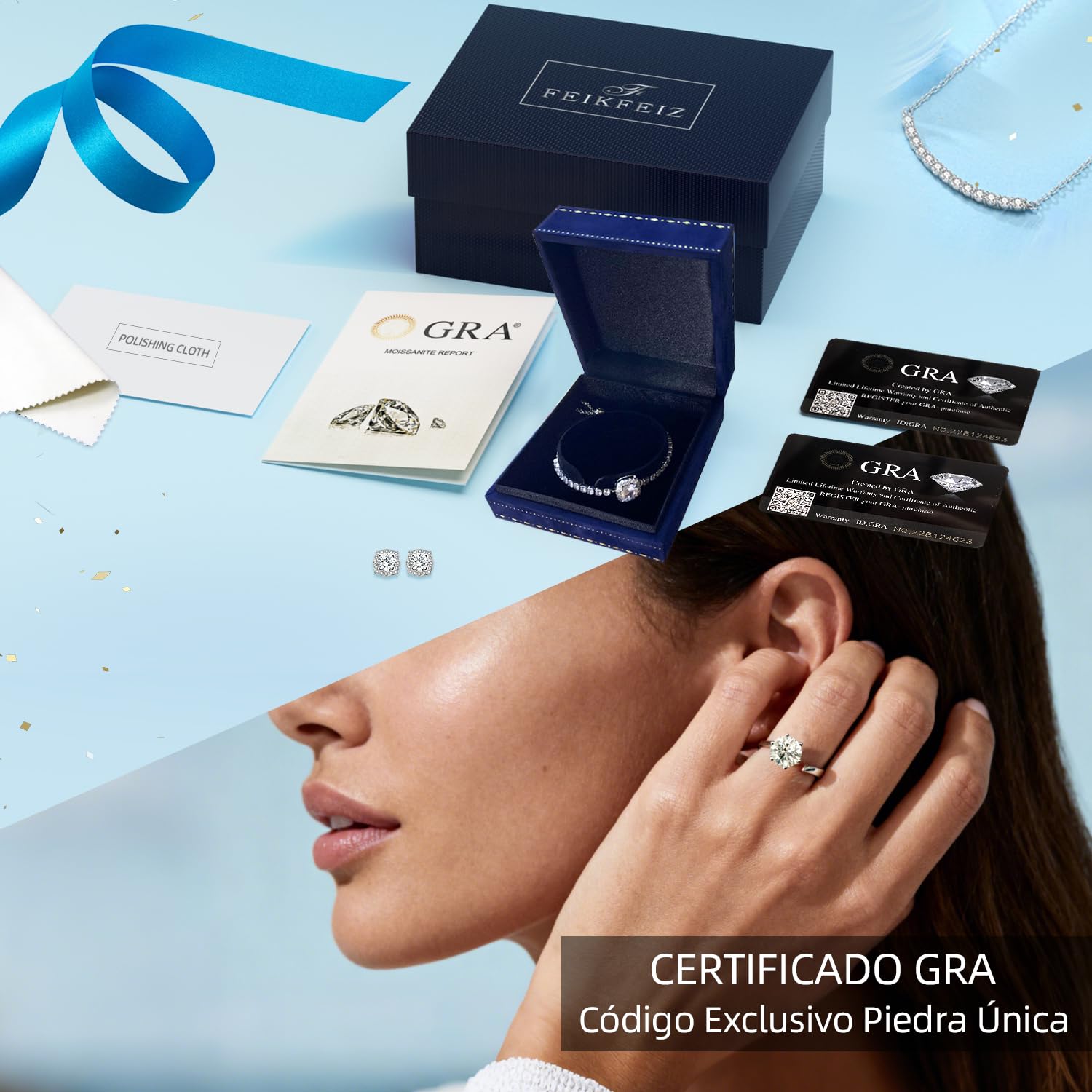 FEIKFEIZ Anillo de moissanita para mujer, diamante cultivado en laboratorio de 1-2CT, plata 925 bañada en oro blanco de 18K, anillo ajustable, anillo de compromiso.