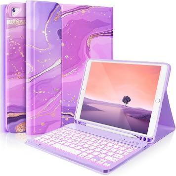 FUWANG for iPad 9th Generation Case with Keyboard 10.2 Inch, Wireless Detachable Backlit, Folio Keyboard Cover with Pencil Holder for iPad 8th Gen/7th Gen/iPad Pro 10.5"/iPad Air 3rd Gen, Purple