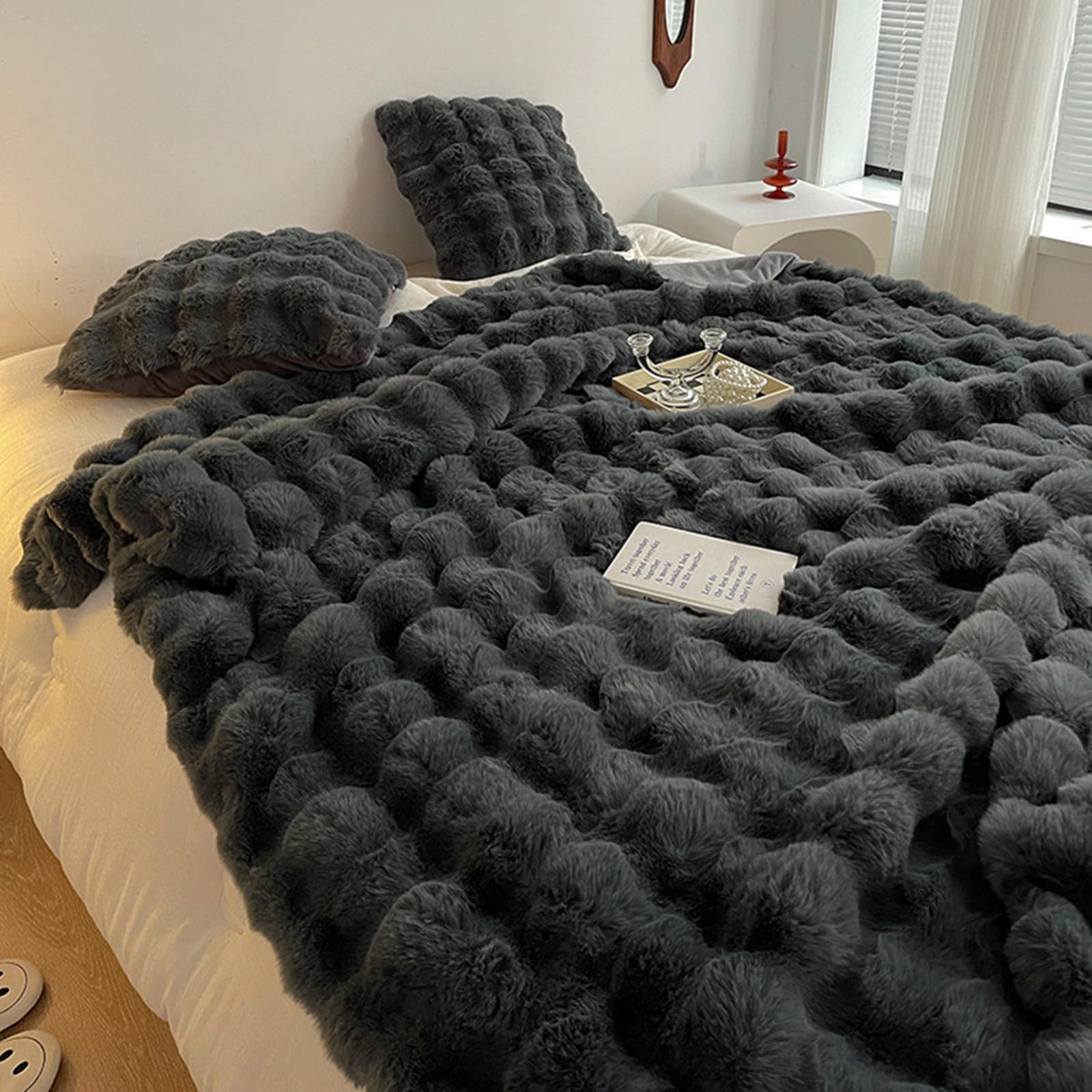 Couverture en fausse fourrure lapin gris foncé 200x230cm pour lit et canapé
