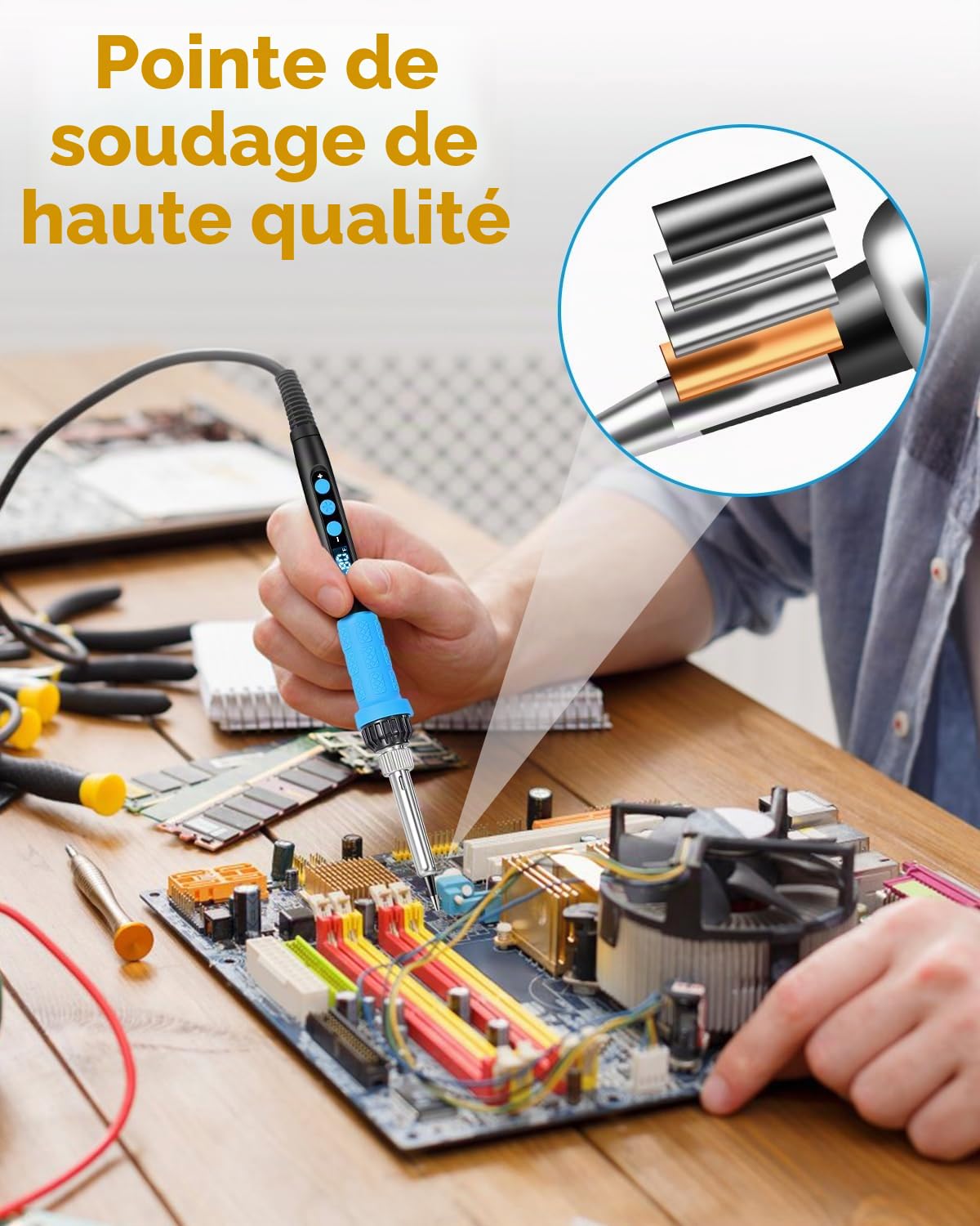 Kit de fer à souder, fer à souder haute puissance 100 W, chauffage rapide, affichage numérique, contrôle précis de la température 180 ℃ à 500 ℃, kit de soudure portable avec capuchon de protection