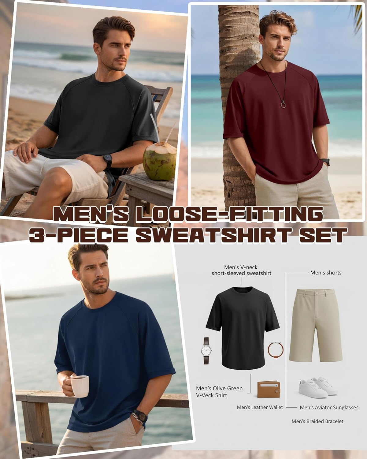 August Alley 3 Pack Mens Oversized T-Shirts Rolled Short Sleeve Tee Crew Neck Raglan Loose Shirts Solid Summer Casual Tops