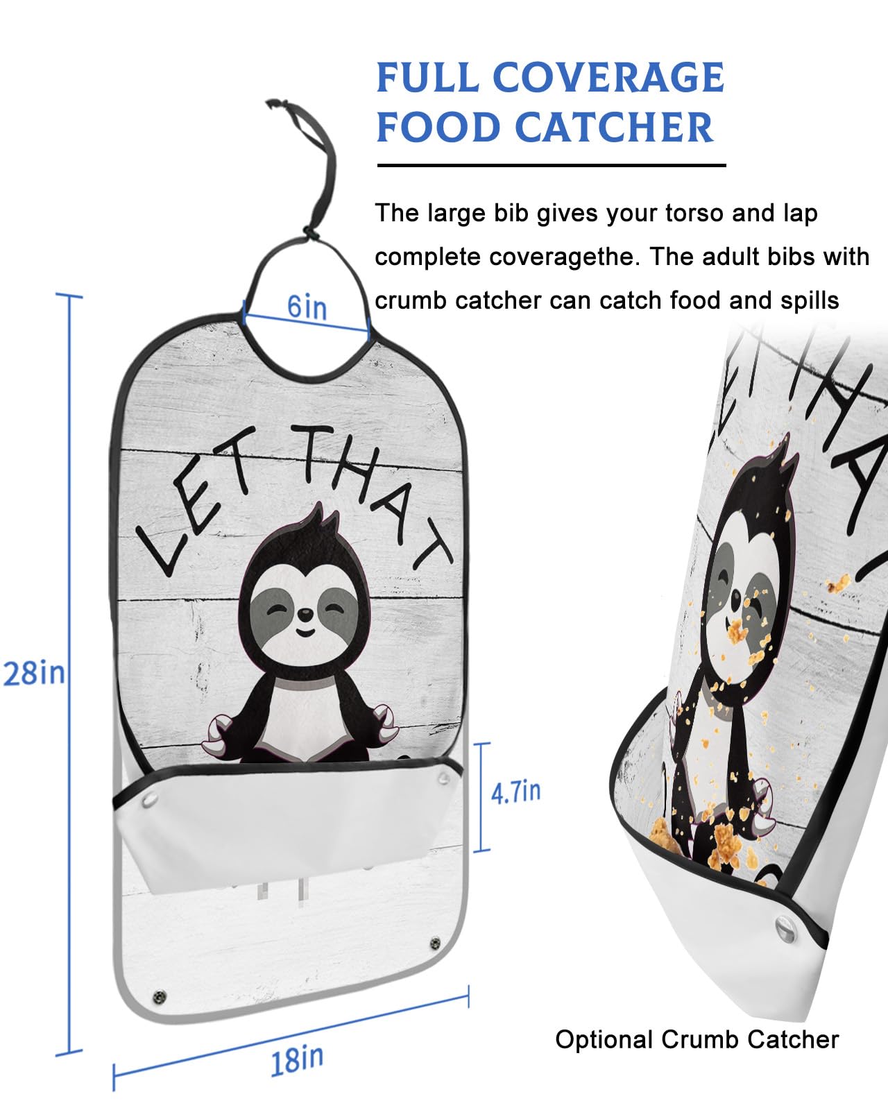 Cartoon Black Animals Adult Bibs for Eating, Waterproof Bibs with Food Catcher & Adjustable Snap Closure, Let That Shit Go Rustic White Wood Clothing Protectors Adult Bibs for Elderly Women/Men