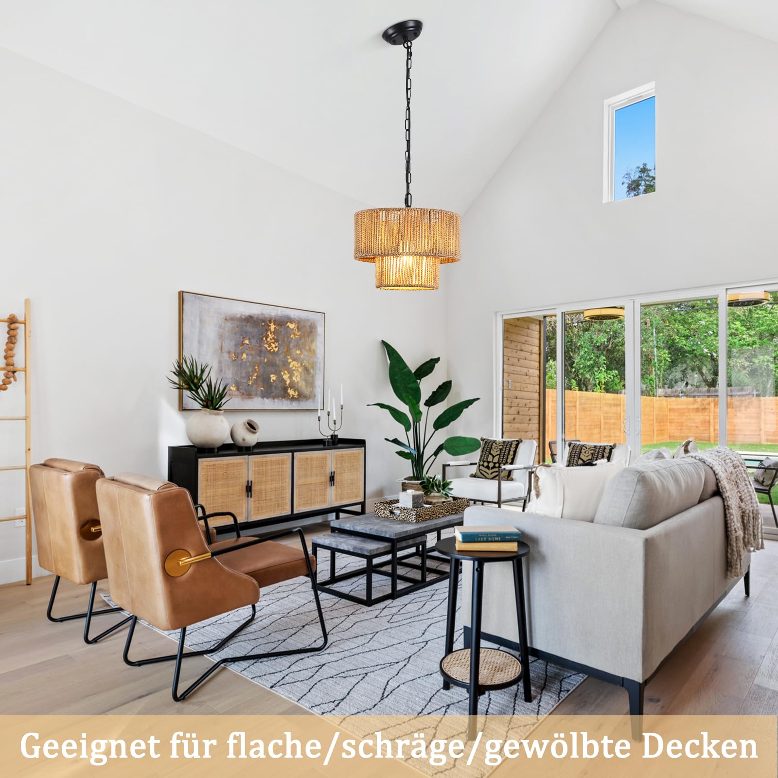 LWYTJO Boho Hängelampe Rattan - 2-stufige Pendelleuchte Mit E27 Fassung