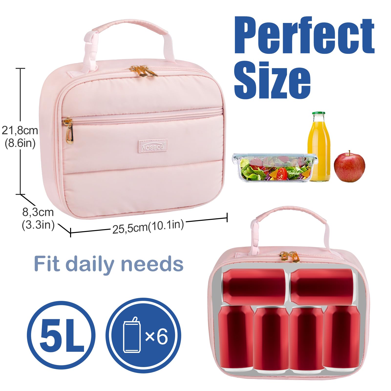 Aosbos Insulated Lunch Bags for Women Girls Ladies Portable Soft Cool Bag Lunchbox Reusable Thermal Water-Resistant Cooler Tote for School Work Picnic Outdoor - Image 3
