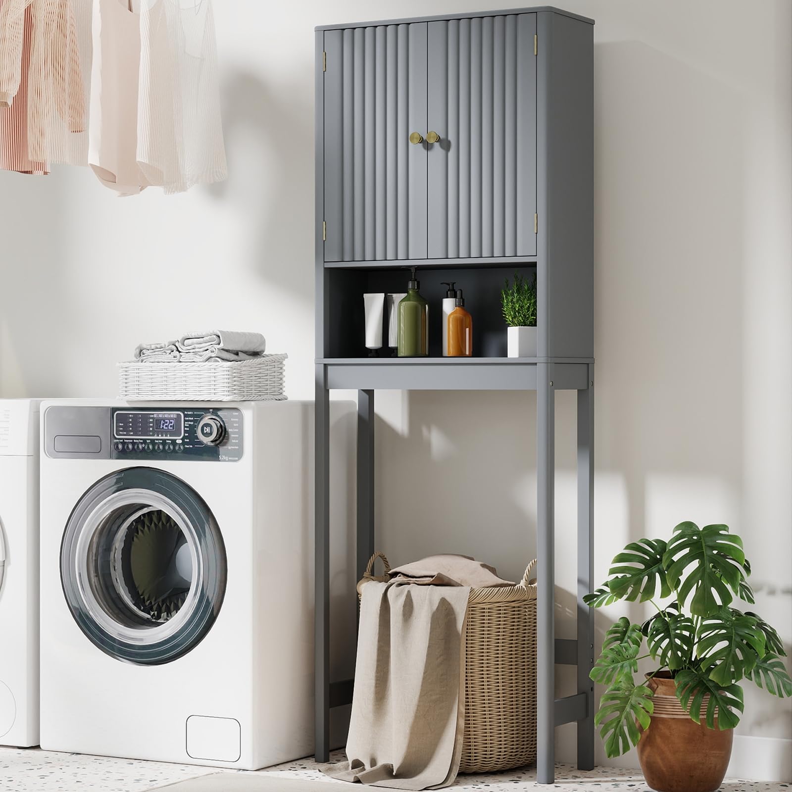 LIFEZEAL Armadietto portaoggetti per bagno, mobile portaoggetti alto sopra il WC con ante ripiani regolabili e barra inferiore, mobile salvaspazio per bagno (grigio)