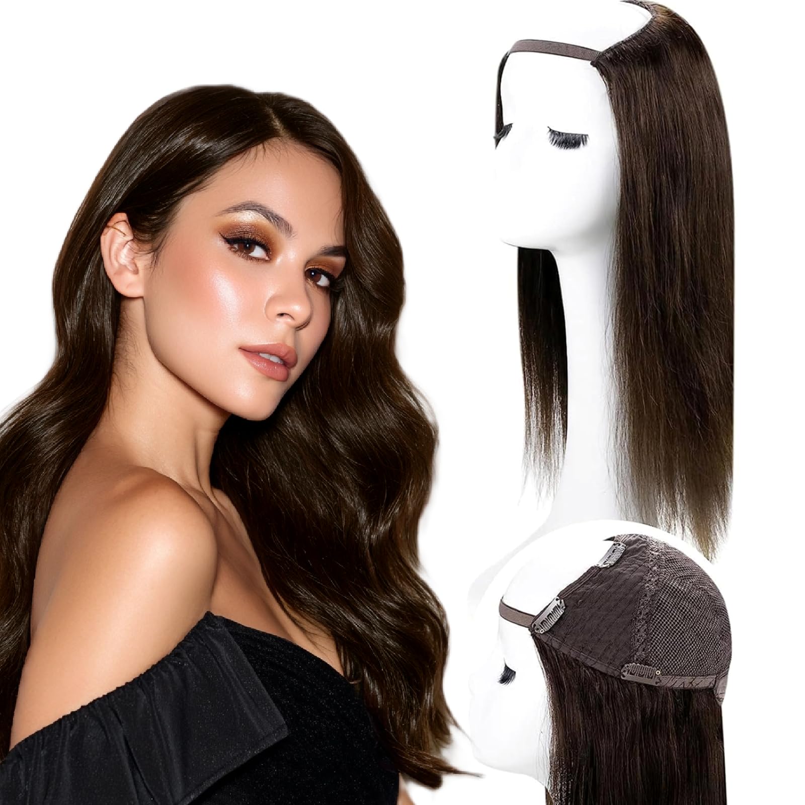 Amazon.com : RUNATURE U Part Human Hair Wig, Dark Brown,16  display picture 1