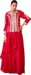 madhuram textiles womens' Vichitra Silk Embroidery Dori Dori Work Short Top With Skirt Set(M-2506 Pink) Price In India