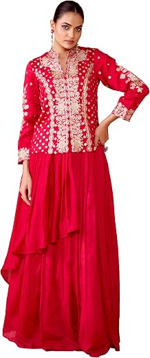 madhuram textiles womens' Vichitra Silk Embroidery Dori Dori Work Short Top With Skirt Set(M-2506 Pink)
