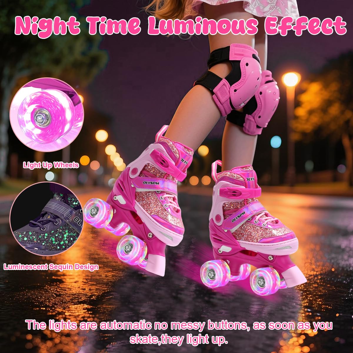 Roller Enfant Fille,Empeigne Fluorescente,4 Taille Réglable,Patin a Roulette Fille avec 8 Roues Lumineuses de Rangement pour Enfants,Adolescents,Débutants