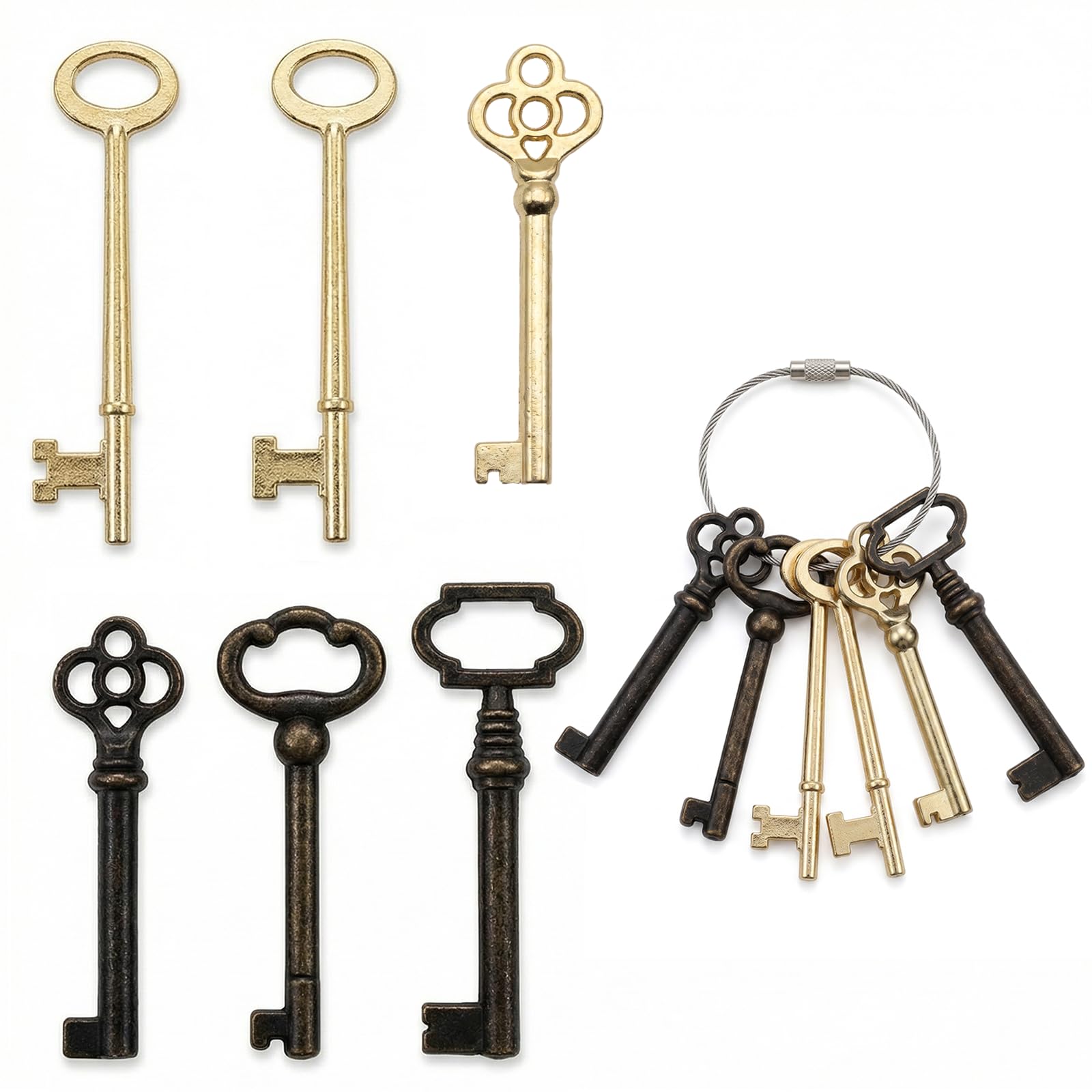 Skeleton Key Set, 6 Pcs Universal Skeleton Keys, Hollow Barrel Keys for Antique Furniture, Vintage Old Furniture, Grandfather Clocks, Vintage Cabinets & Doors
