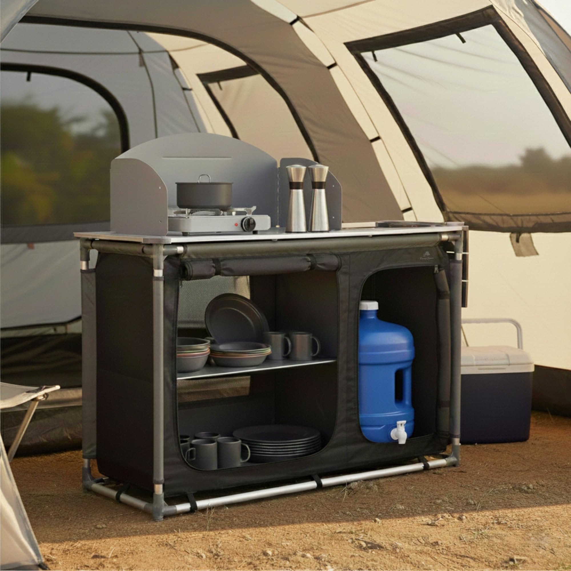 CampFeuer Campingschrank | Campingküche mit Aluminiumgestell | Spritzschutz und Waschbecken | 117 cm x 50 cm x 109,5 cm | Camping Regal, Campingschrank klappbar, Camping Küche, Camping Möbel