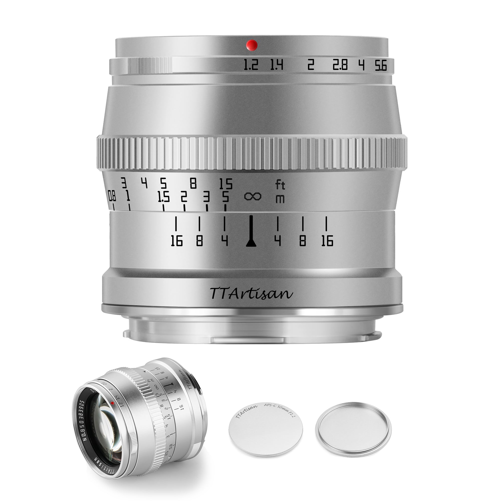 TTARTISAN 50 mm F1.2 Silver APS-C Objectif fixe à grande ouverture Mise au point manuelle Compatible avec appareil photo Sony E-Mount (Argent)