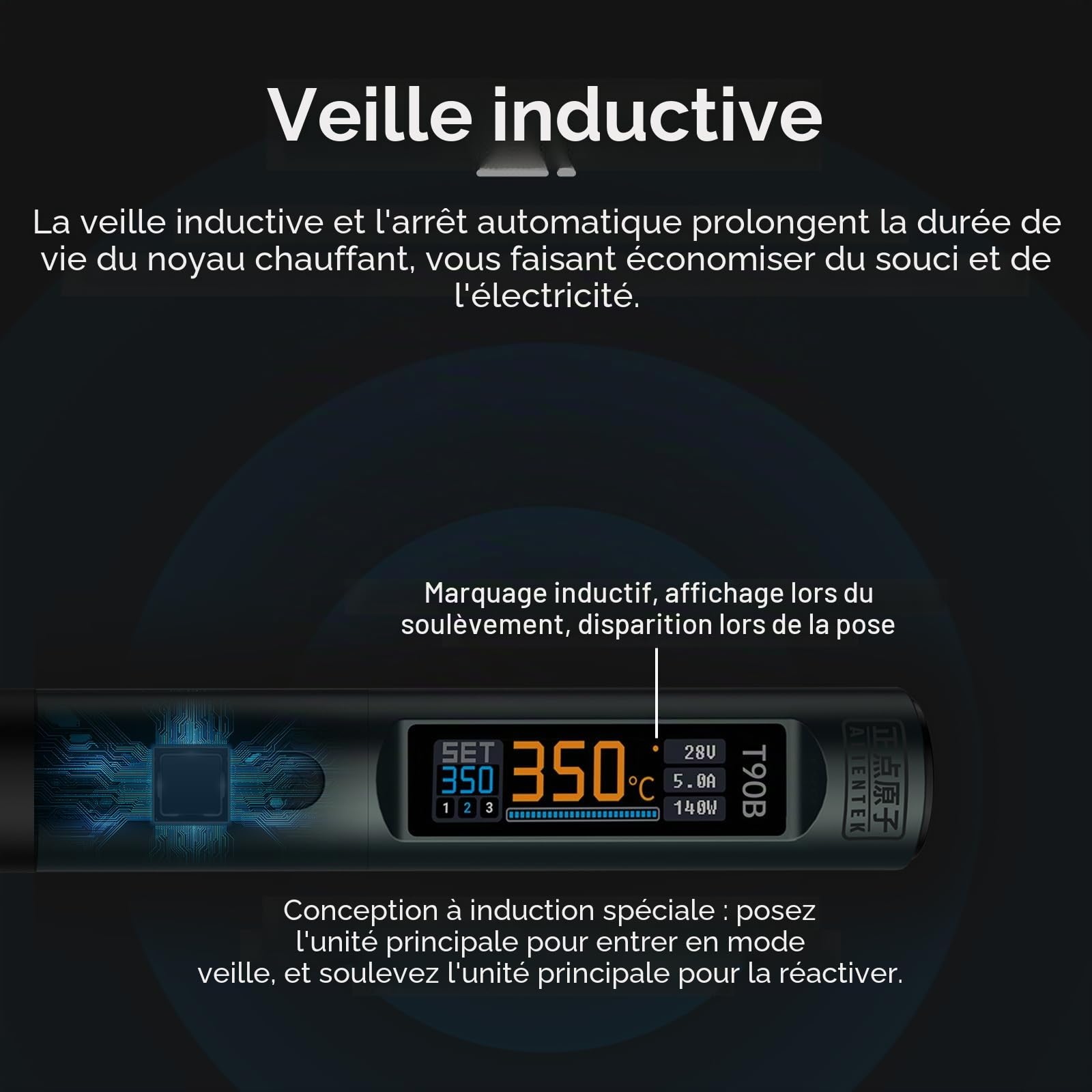 Kit de fer à souder 140 W, fer à souder numérique à chauffage rapide T90 Température réglable PD3.1/QC,Type-C Portable Écran OLED Affichage USB Stylo à souder C245 (T90B)