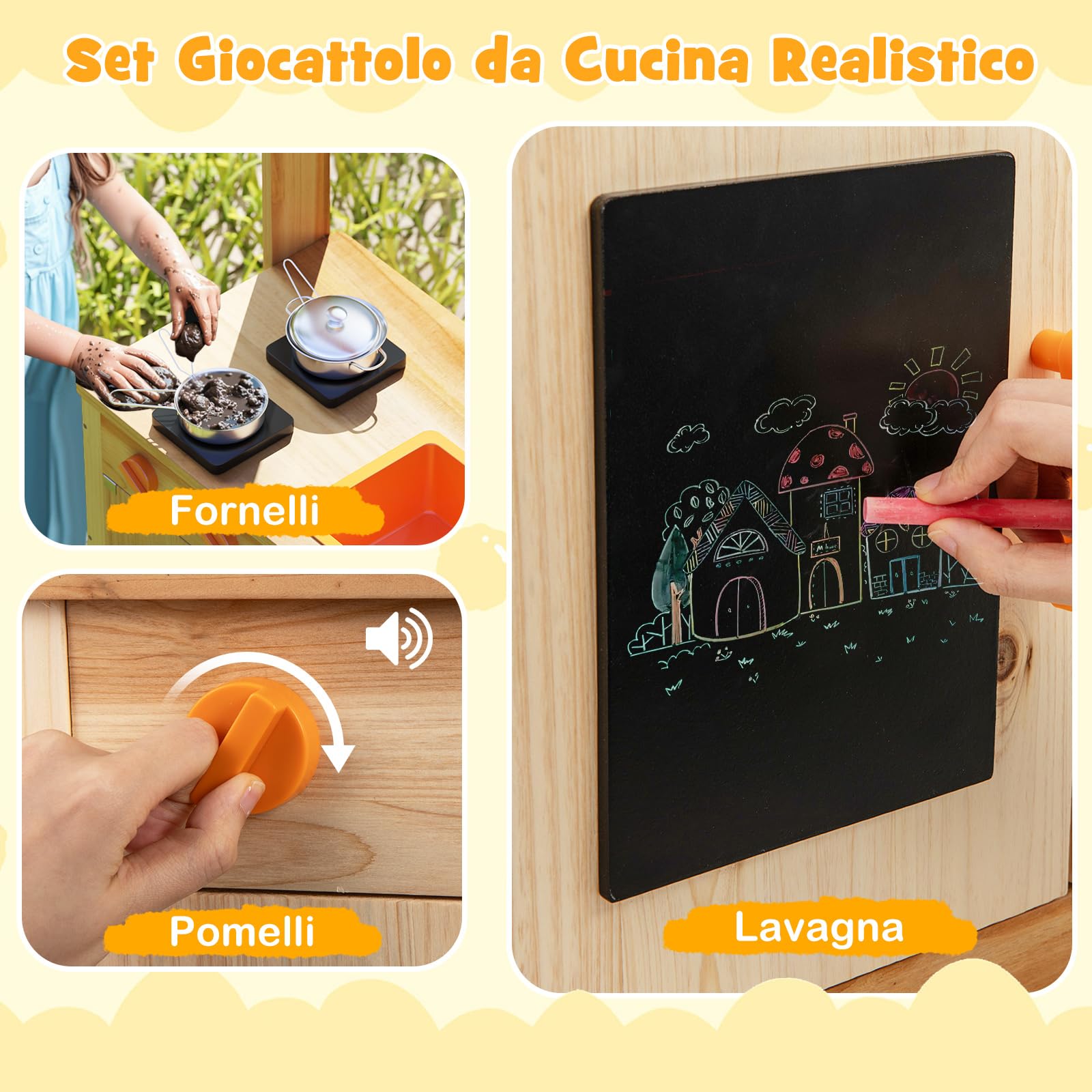 COSTWAY Cucina Giocattolo per Giardino con Lavagna Acrilica per Dipingere, Cucina in Legno di Abete per Bambini con 4 Vasi da Giardinaggio, Set Cucina con Accessori, 68 x 34 x 93 cm