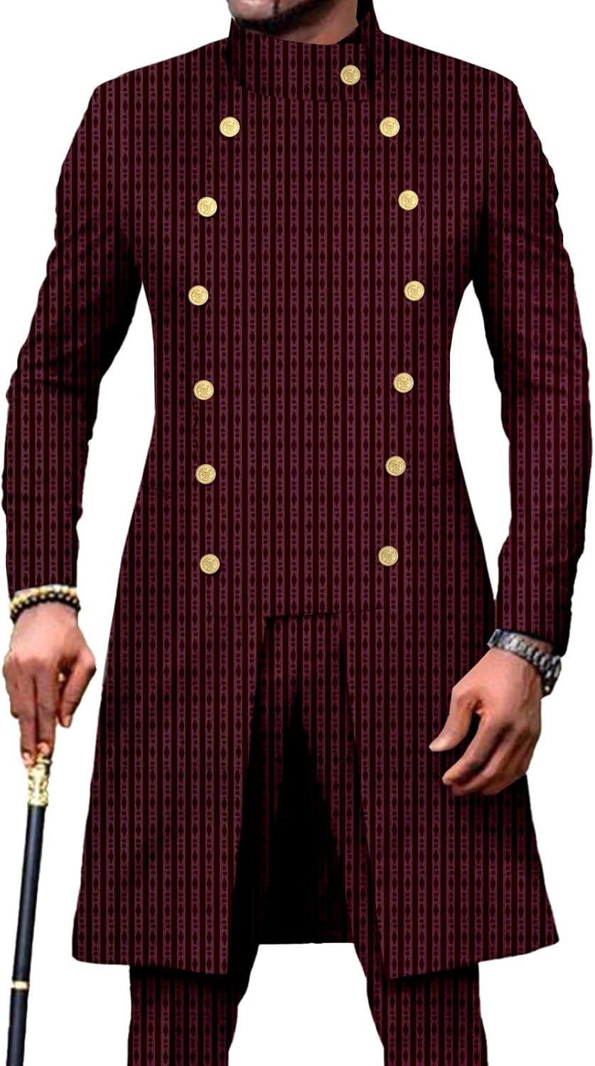 Men`s Suit African Clothes Double Breasted Jackets and Pants 2 Piece Set Dashiki Outfits for Wedding Evening