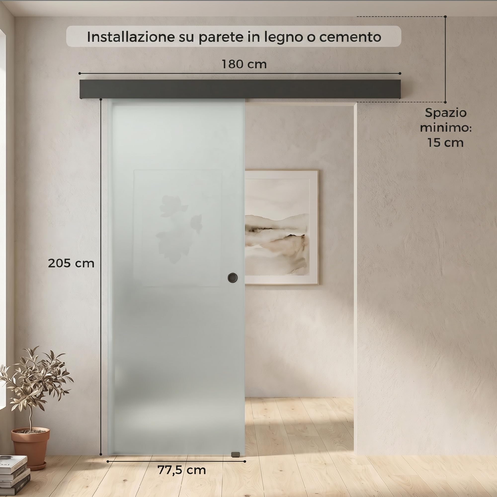 HOMCOM Porta Scorrevole Interna Muro 77.5x205 cm in Vetro Smerigliato, Binario Silenzioso in Lega di Alluminio, Kit Ferramenta, Maniglia, Guida, Porta da Interno in Stile Industriale, Bagno, Ufficio