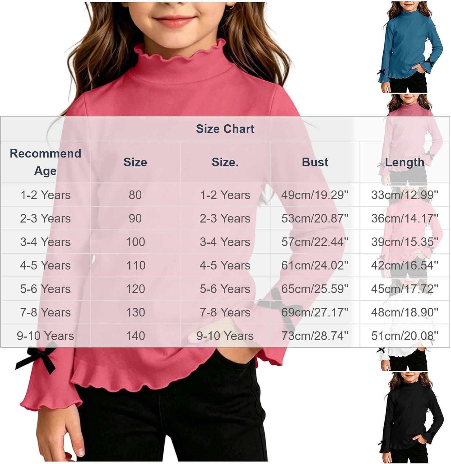 Girls Ruffle Mock Neck Top Long Sleeve for School | Wavy Neckline Bow Cuffs And Flounce Hem For Classroom Parties Photos And Casual Wear