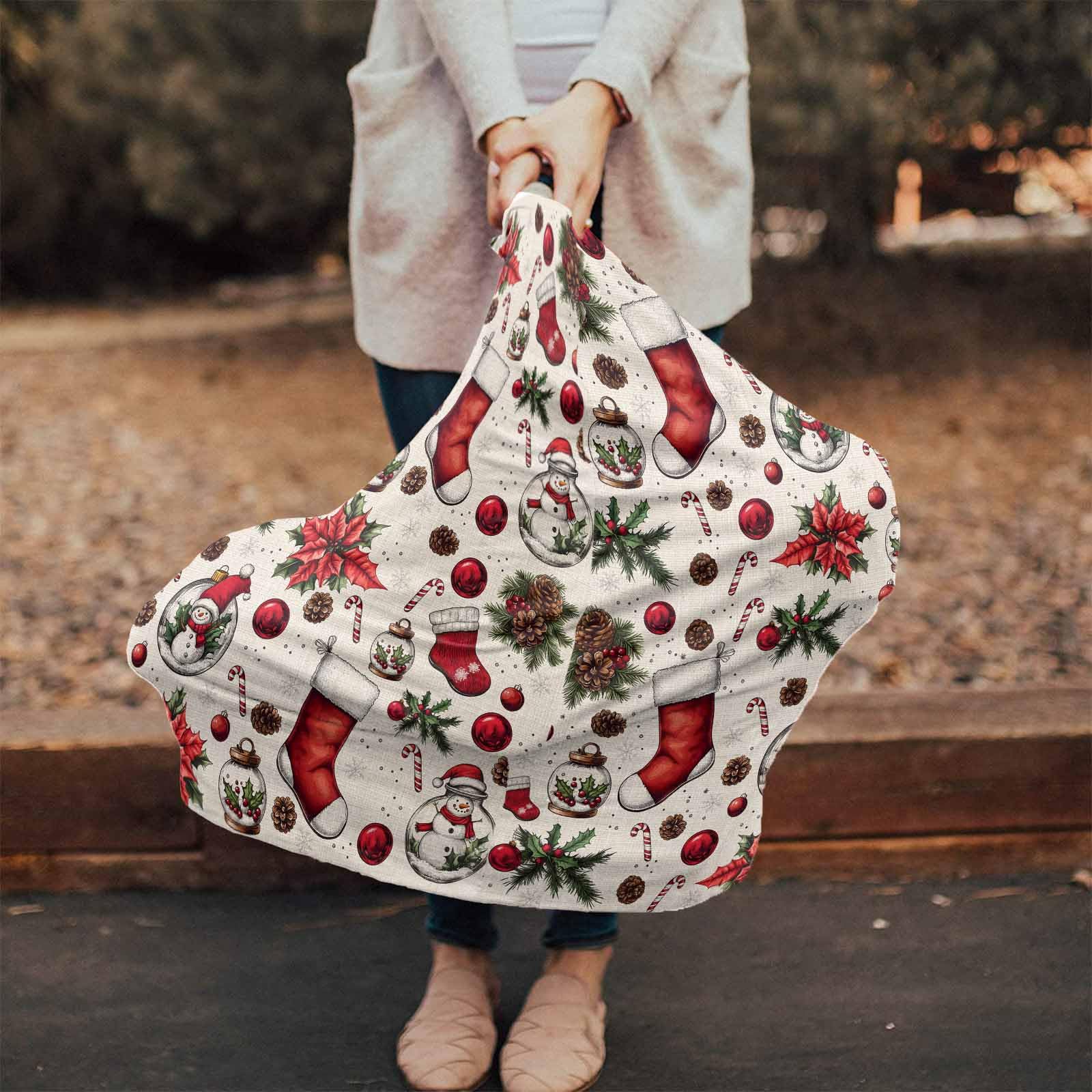 Nursing Cover for Breastfeeding Scarf, Pine Branch Cones Red Xmas Sock Ornaments Snowman Baby Car Covers Super Soft Multi Use for Canopy Shopping Cart Cover Blanket Stroller Cover