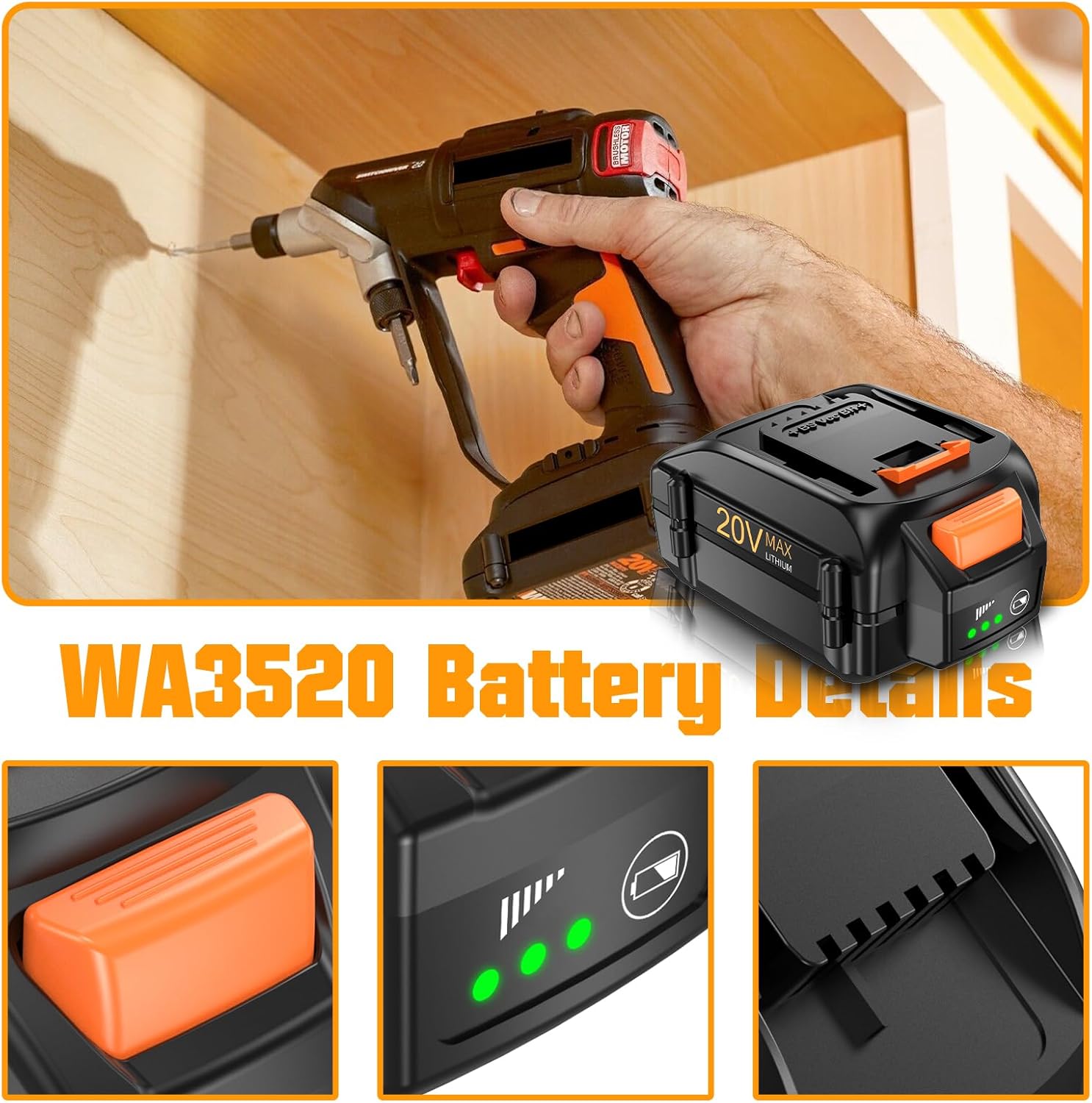 Upgraded 2Packs 8.0Ah Replacement for Worx 20V Battery Lithium-ion Power Share Max WA3525 WA3575 WA3575 WA3578 WA3520 WA3742 WG155s WG251s WG890 Compatible with Worx battery 20V Power Tools