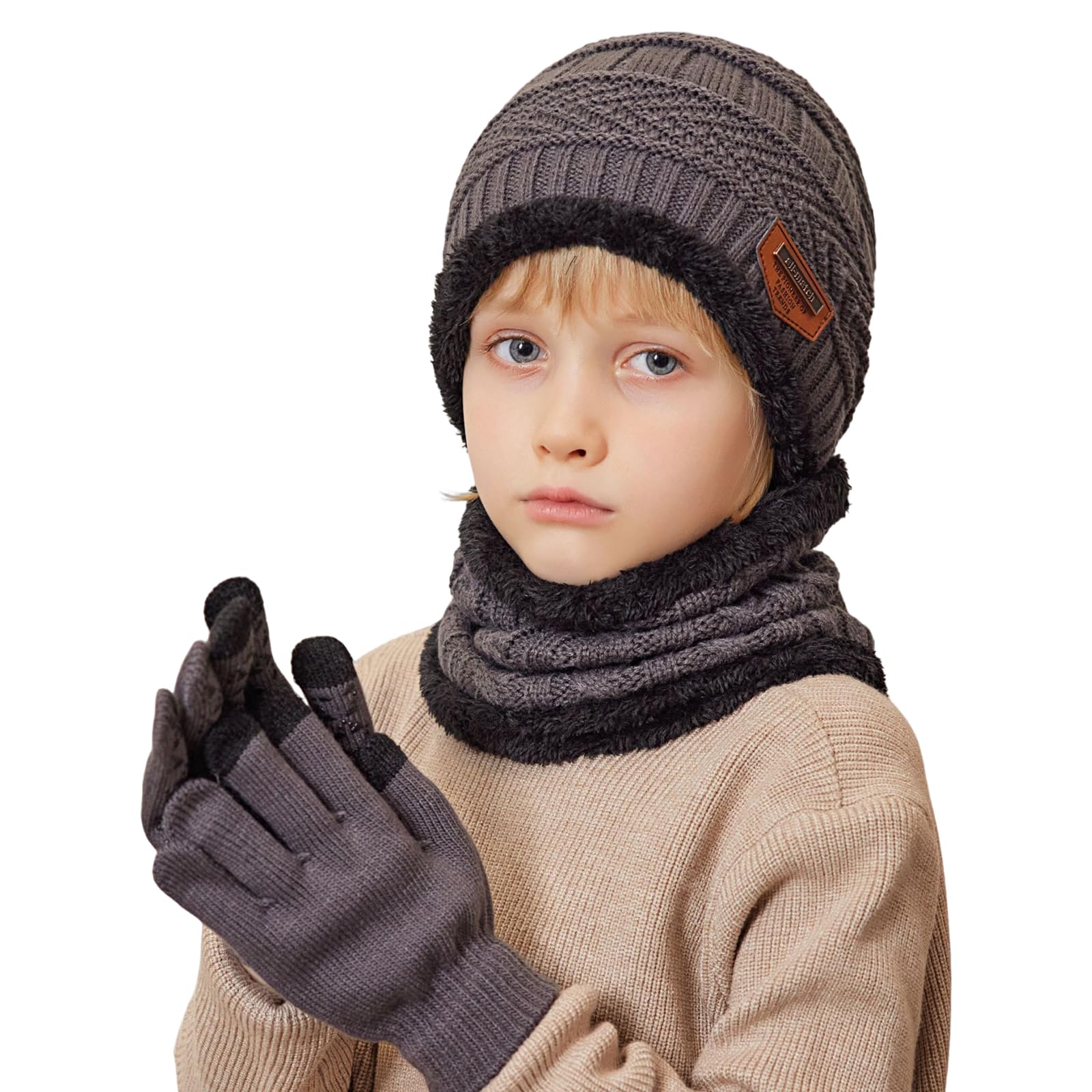 Gorro Invierno Niños Niñas Conjunto de Gorro Bufanda y Guantes Niño, Cálido Gorro de Punto Bufanda con Forro Polar Guantes con Pantalla Táctil para Niño Niña de 5 a 10 Años