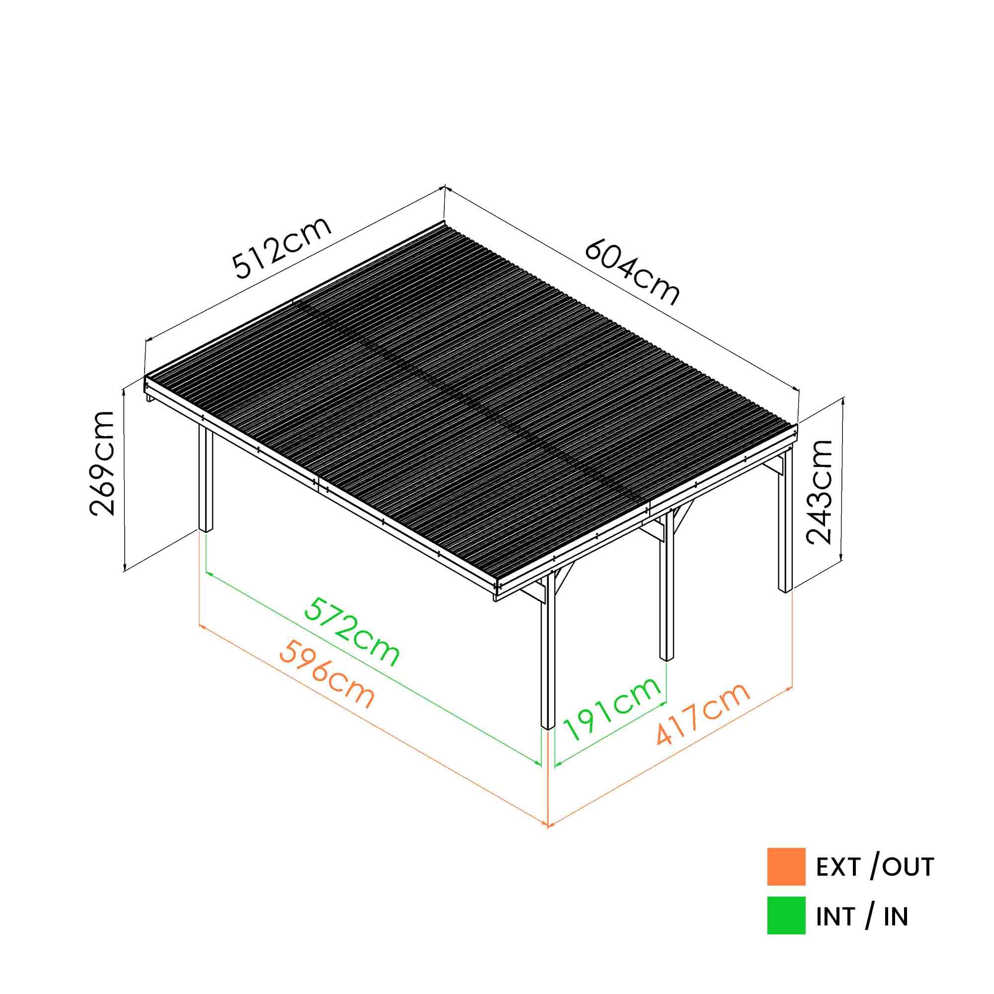 Forest Style - Cochera Doble Victor 30,9 m² (6,02 x 5,11 x 2,52 m) – Madera de Pino Tratada – Techo de Policarbonato – Aparcamiento Cubierto para 2 Coches – Estructura Robusta y Resistente