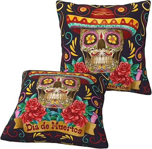 Miniatura 3 de Juego de 2 fundas de almohada de calavera del Día de los Muertos de 18 x 18 pulgadas para almohadas de sofá para decoración mexicana del Día de los