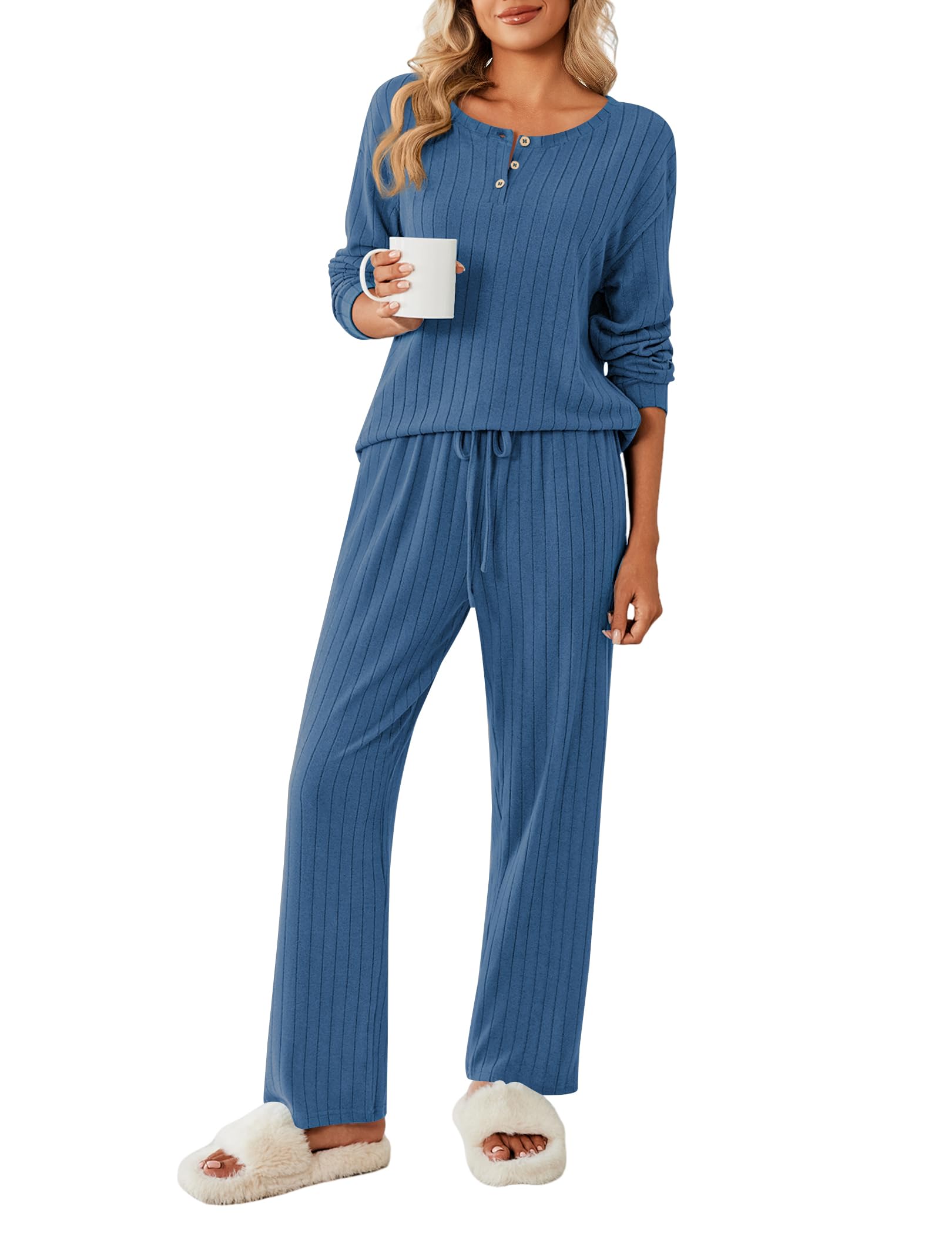Ekouaer Schlafanzug Damen Lang Pyjama Set Rundhals mit Knöpfen Zweiteiler Sleepwear Winter Loungewear für Frauen, S-XXL
