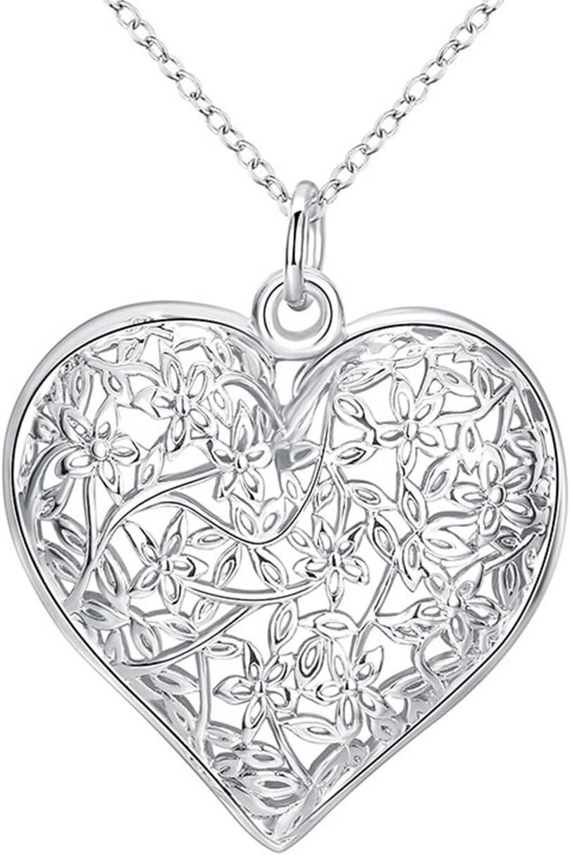Wiazhu Fashion Jewelry 925 Sterling Silver Plated Hollow Pattern Textured Puffed Heart Pendant Necklace