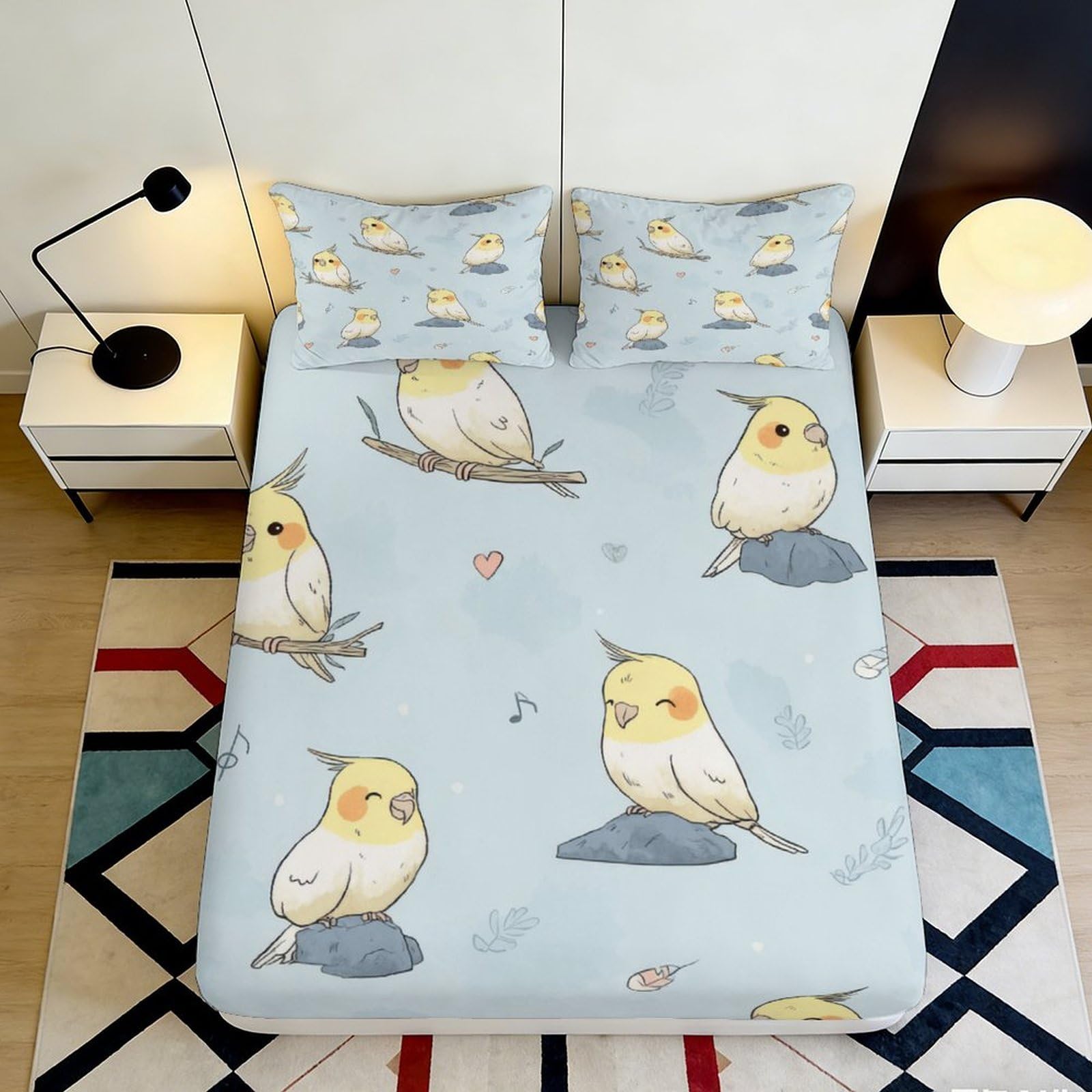 Pnayamiorkfel Style-4 3D Printed Cockatiel Bird Fitted Sheet Microfiber Anti-Slip Bed Sheet Yellow Cartoon Parrot Mattress Cover For Bedroom Decor 90X200x25cm