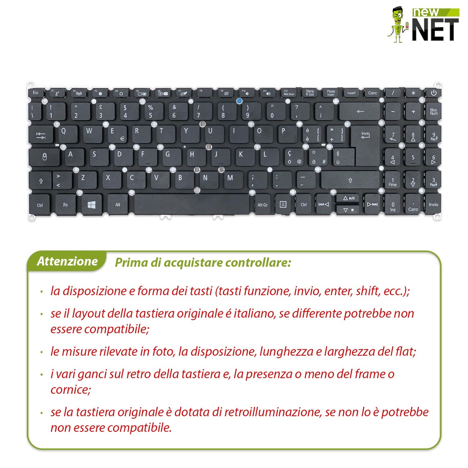 new net Keyboards - Tastiera Compatibile con Notebook Acer Extensa EX215-21 EX215-52G EX215-22 EX215-51 EX215-51G EX215-53 EX215-31 EX215-53G EX215-52[ Layout ITA - Senza Frame ]