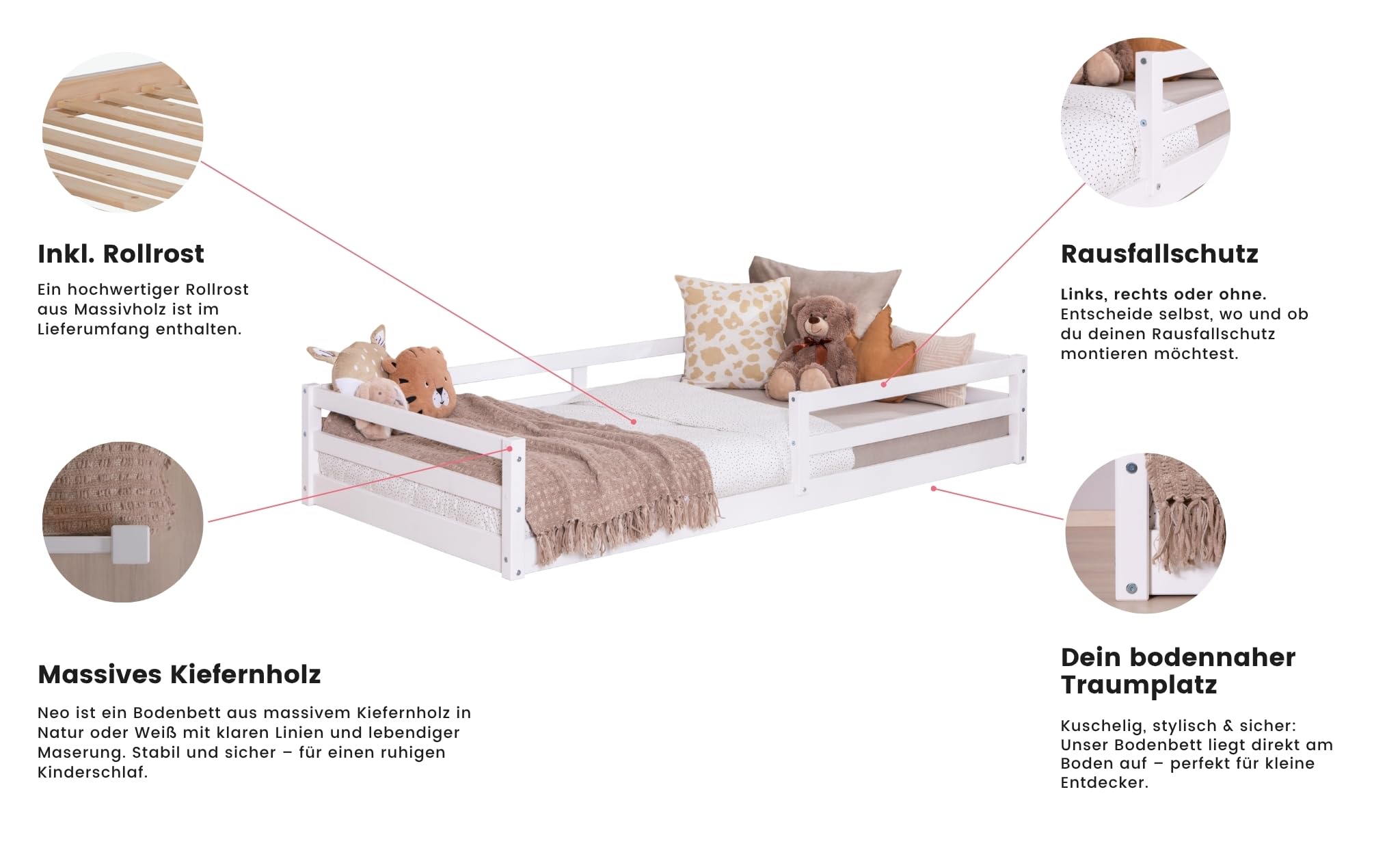 TiCAA Bodenbett, Kinderbett Massivholz – Montessori Bett „Neo“ aus Kiefer mit Lattenrost und Rausfallschutz, Holzbett belastbar bis 150 kg