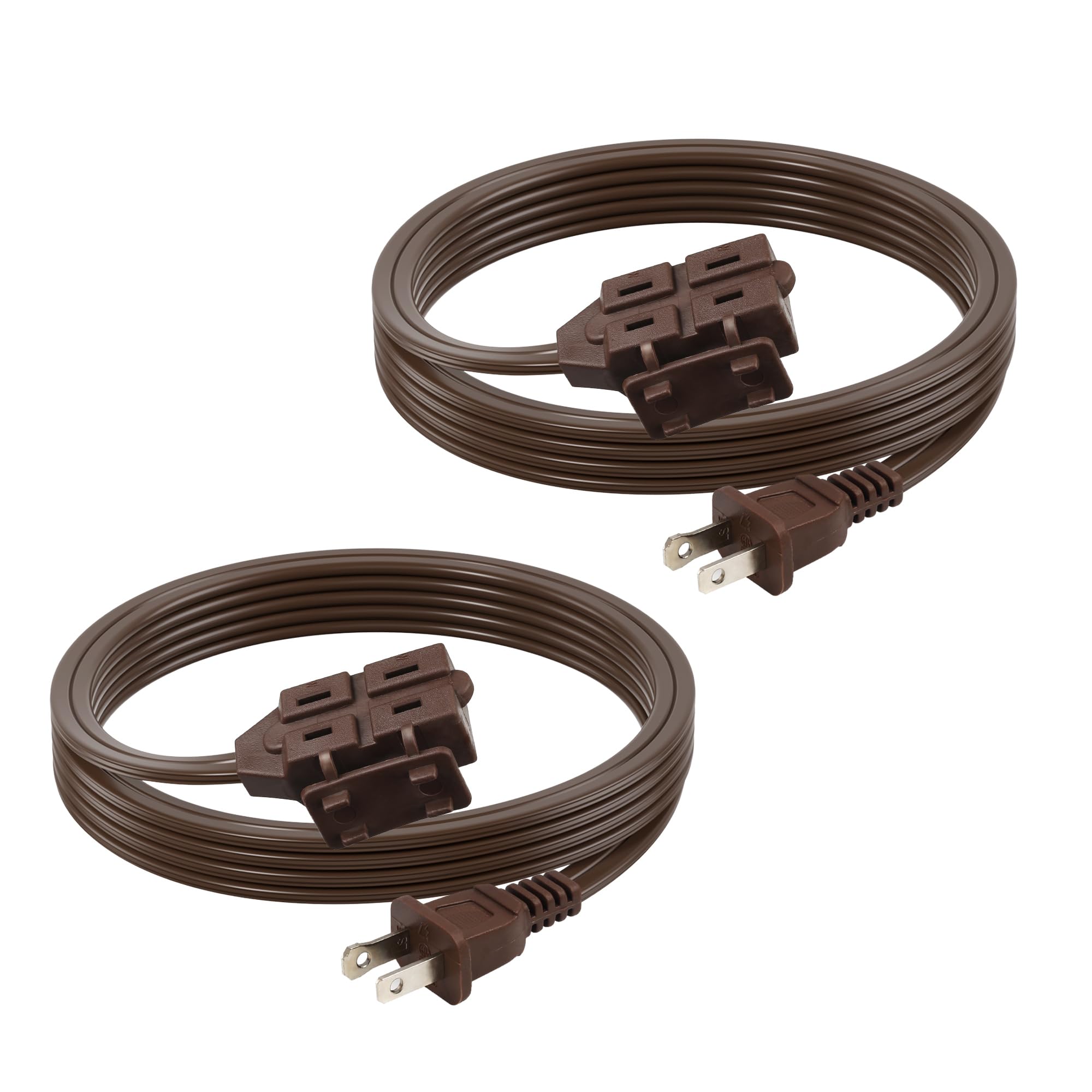 BN-LINK 6ft Indoor Extension Cord, 2 Pack, 3-Outlet Polarized Flat Cable, Household Power Cord for Home, Office, and Holiday Decorations, Brown