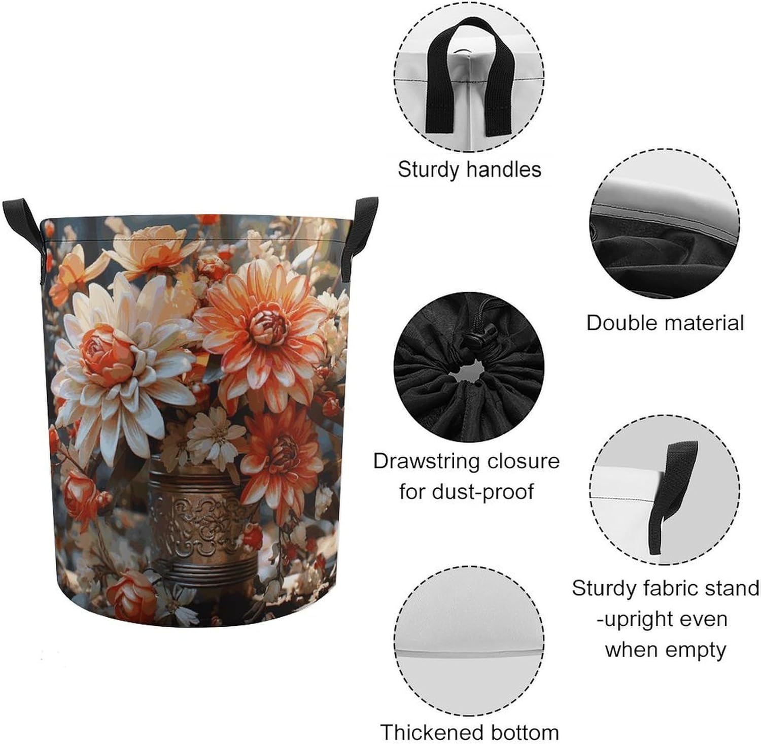 Orange Flowers Laundry Basket Collapsible Clothes Hamper with Reinforced Handles Large Capacity Waterproof Laundry Bag Freestanding Laundry Hamper for Bedroom Bathroom