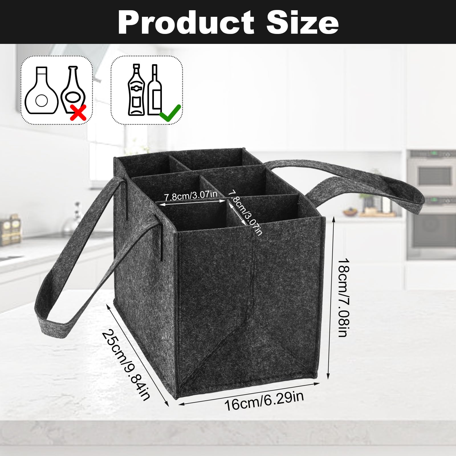 Jinsion Wine Bottle Carry Box with 6 Removable Compartments, Reusable Felt Wine Bottle Carrier Holder Bag - Image 2