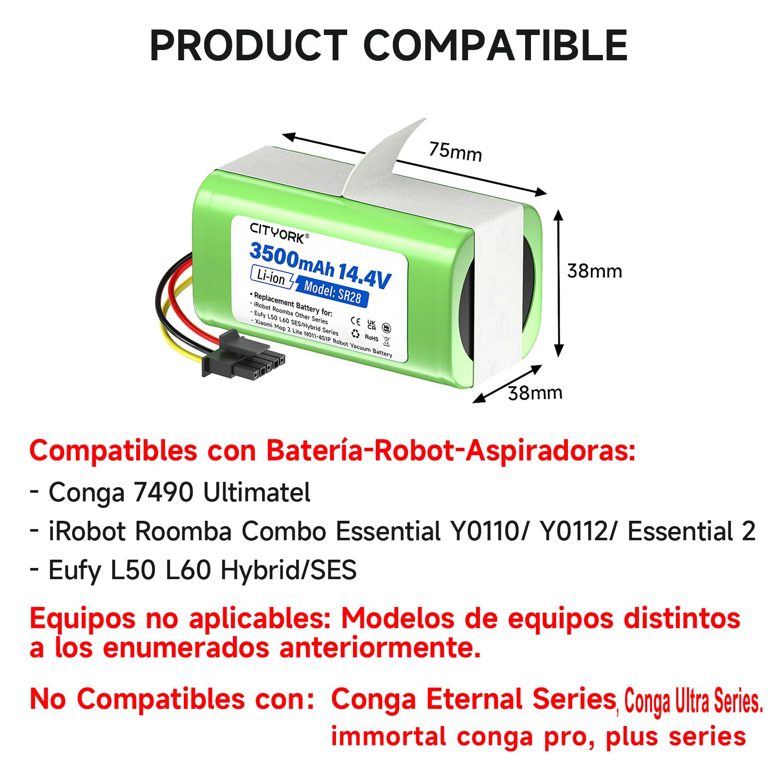 CITYORK 14.4V/3500mAh Batería para iRobot Roomba Combo Essential Y0110/ Y0112/ Essential 2/ Combo Essential Y0110/ Y011020/ Y011040/ Y0112/ Y011240, para Eufy L50 L60 Hybrid/SES Bateria