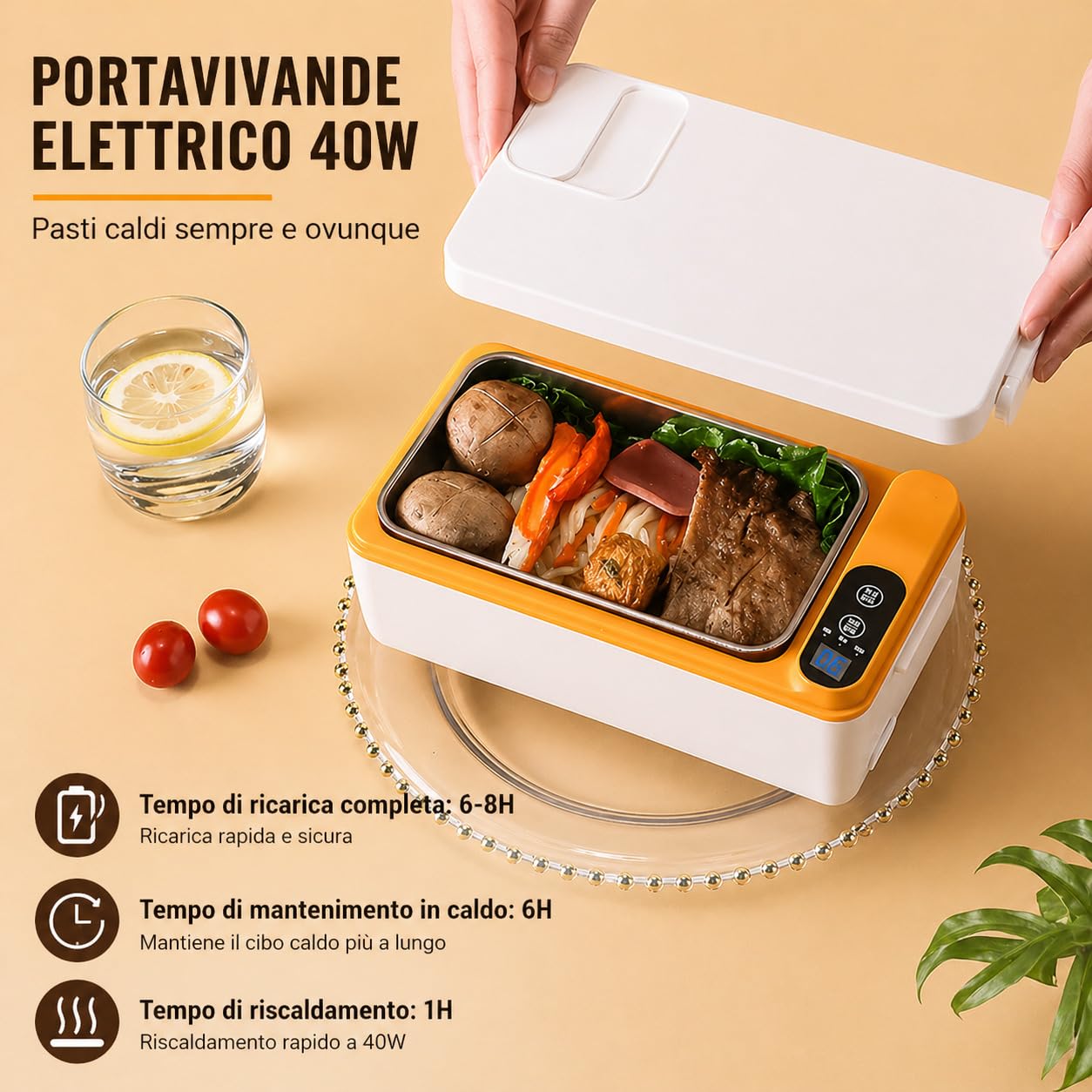 Contenitore per il pranzo elettrico, senza fili, 1 l, con batteria, 12000 mAh, riscaldabile, portatile, in acciaio inox, con display e timer, per lavoro, ufficio, auto, campeggio