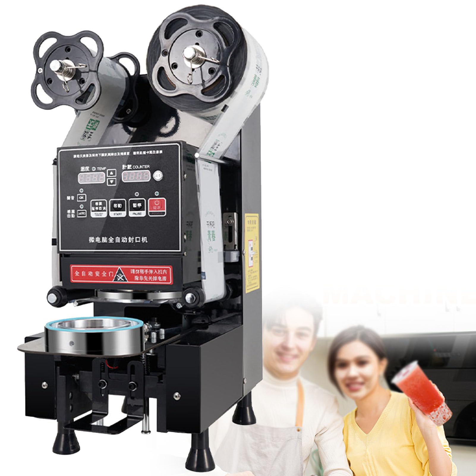 SENJINGHUA Cup Sealing Machine Commercial Automatic Cup Sealer Machine 90/95mm All-Auto Machine 450-550 Cups/H, LCD Digital Controls for Bubble Tea, Coffee & Delights,Black