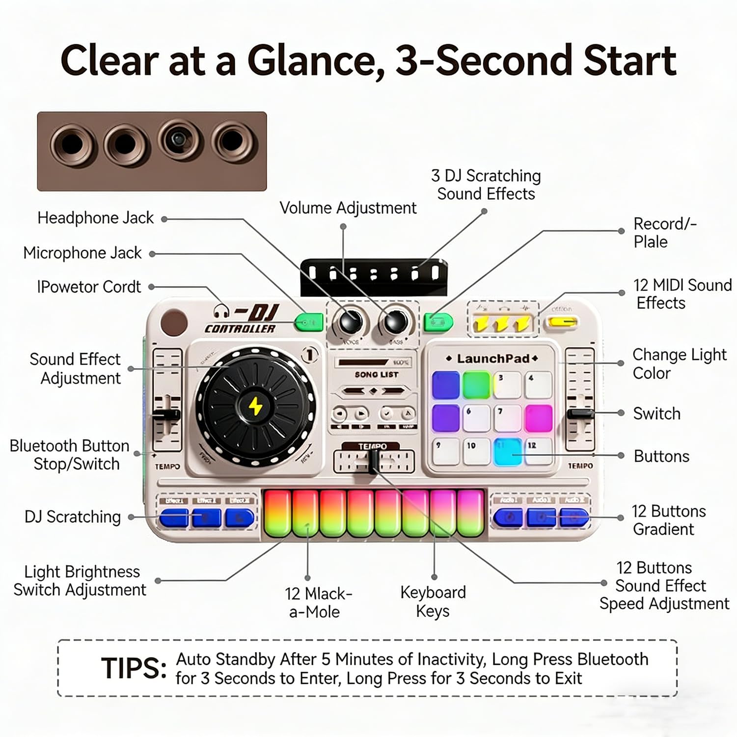 Dj Pult Principianti, Dj Pult Bambini, Dj Mixer Station Portatile Dj, Macchina Dj per bambini, Bluetooth con microfono regolabile, gradiente luminoso, adatto per bambini di età compresa tra 3 e 12