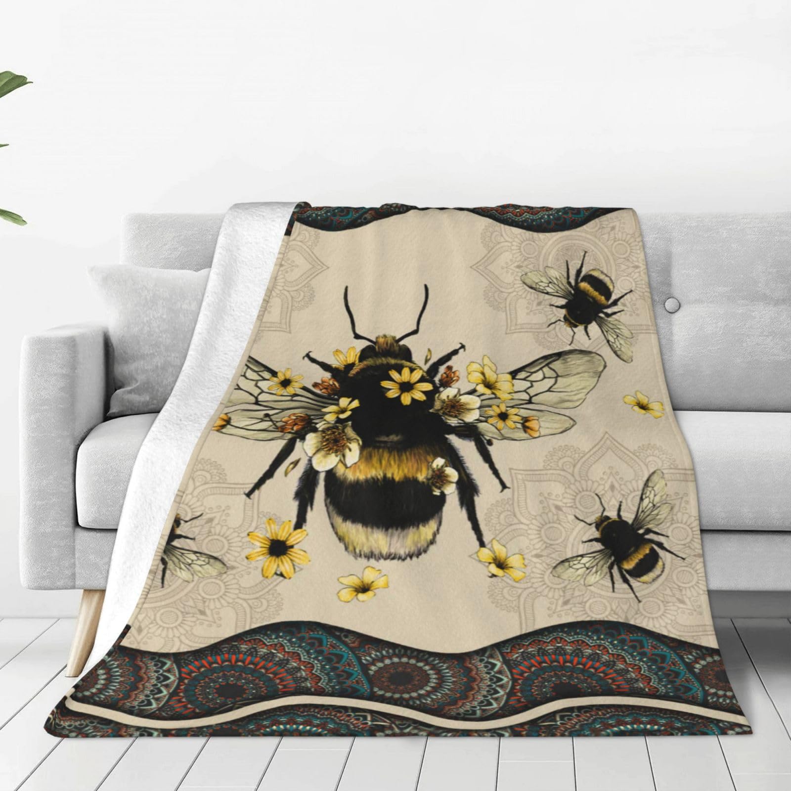 Manta con diseño de abejas y girasoles, súper cálida, suave, ligera, forro polar, franela, bohemio, para invierno, regalos para niñas, niños, bebés, mujeres, sofá, ropa de cama, 50 x 60 pulgadas