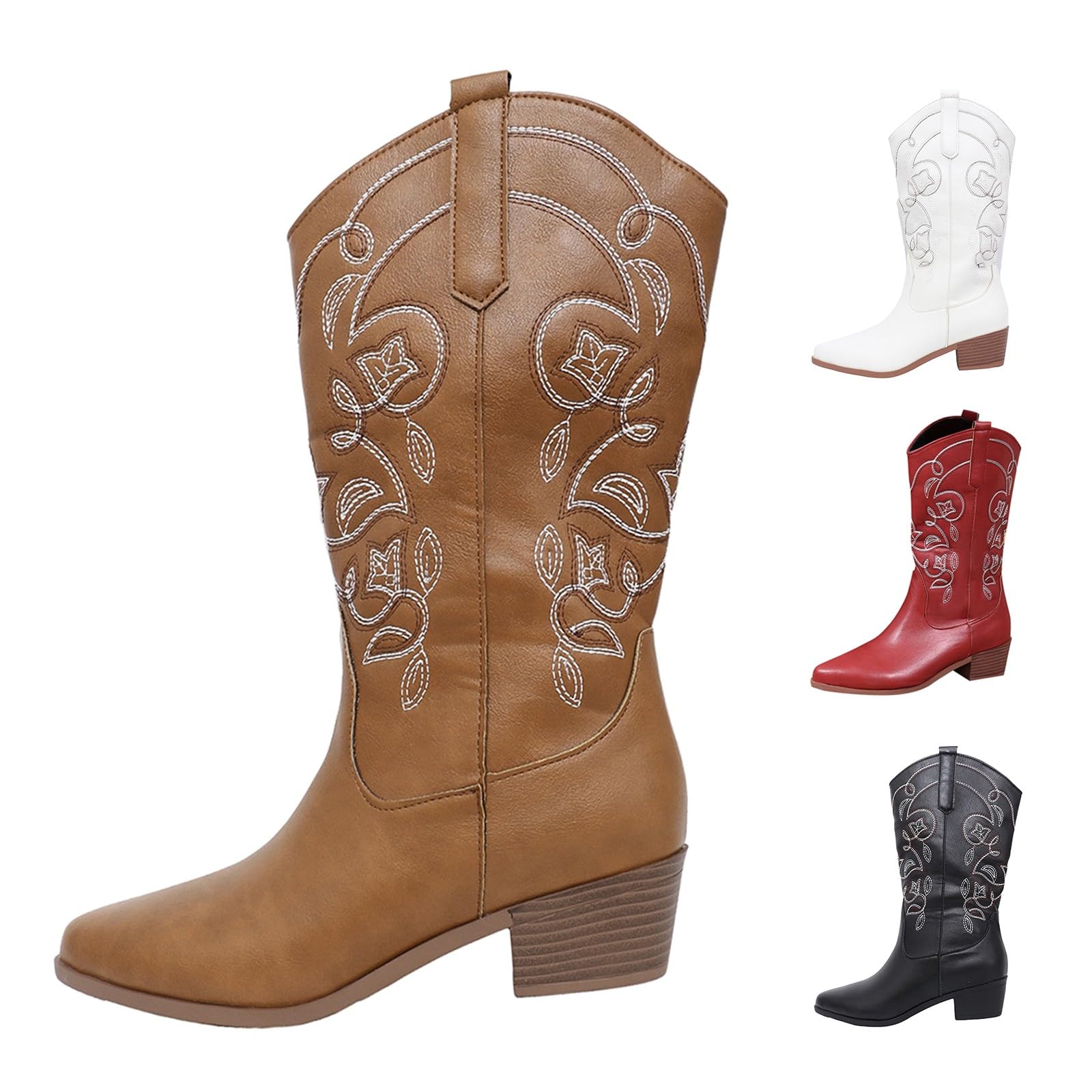 HOOUDO Stivali Texani Donna Cowboy Western Scarpe da Donna Punta Camperos Etnici Camperos Stivali con Tacco Western Traforati Stivaletti Texani a Punta Cowboy